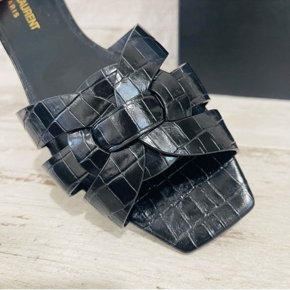 Saint Laurent Size 37 YSL Leather TRIBUTE Black Croc Embossed Flat Slide Sandals - Picture 13 of 13